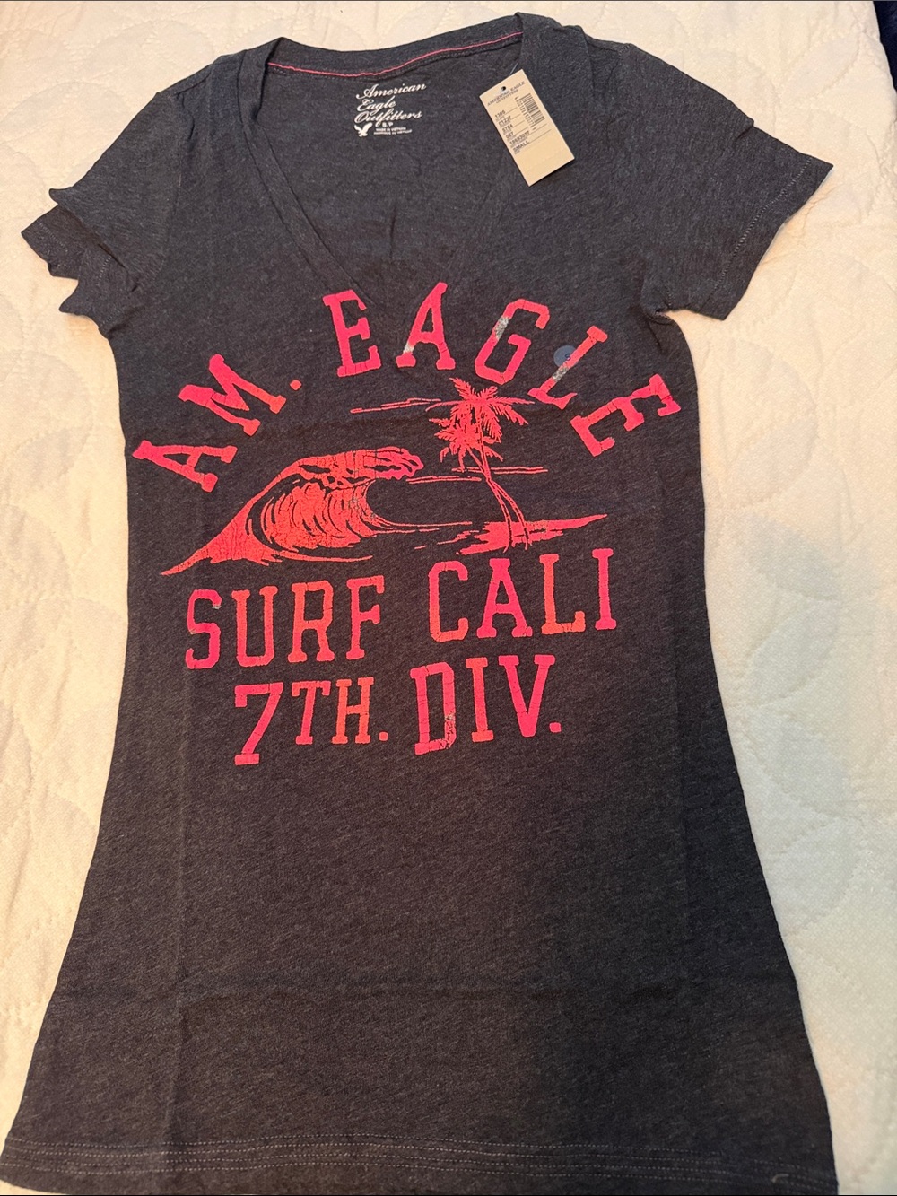 American Eagle Outfitters Women's Dark Gray V-Neck Surf Graphic Tee - Pink Print